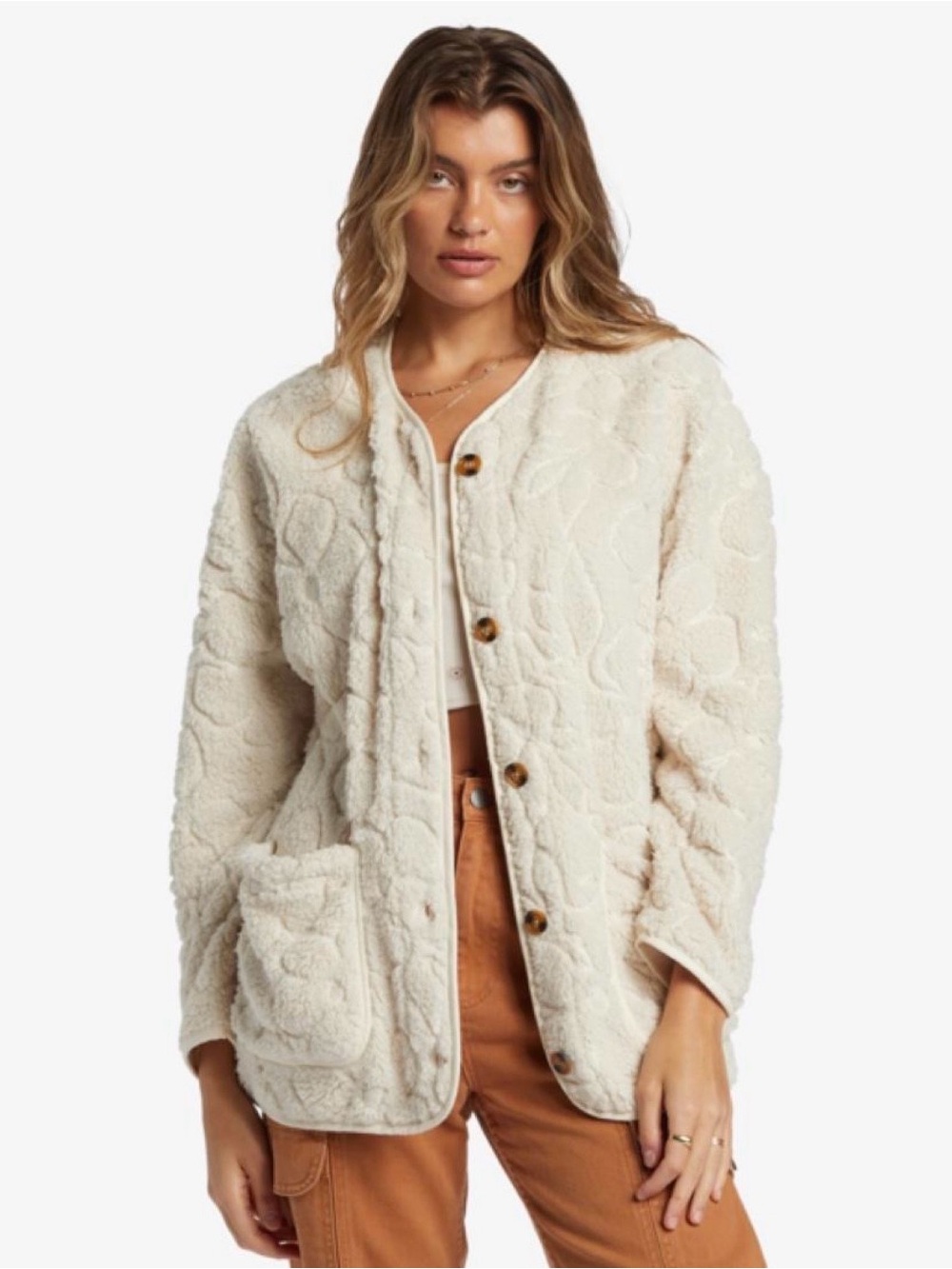Billabong Womenās Fireside Cozy Fleece Jacket Large Oatmeal Cream Fall Sherpa